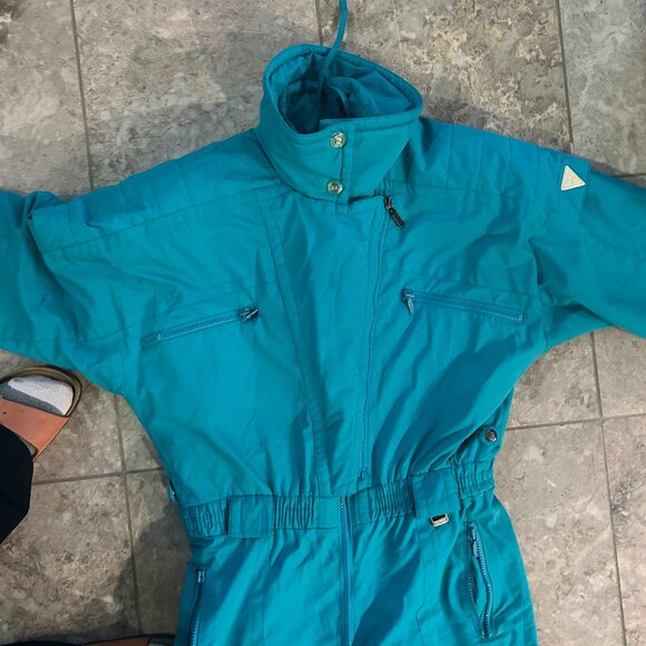 Vintage Fera Skiwear Turquoise One-Piece Ski Suit Sz 8 80s Retro Bright Bold - Picture 10 of 13